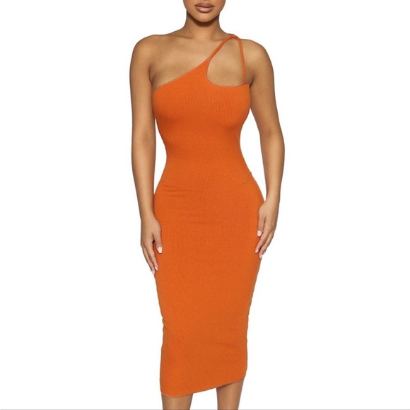 Naked Wardrobe One-Shoulder Orange Midi Dress - Picture 3 of 6